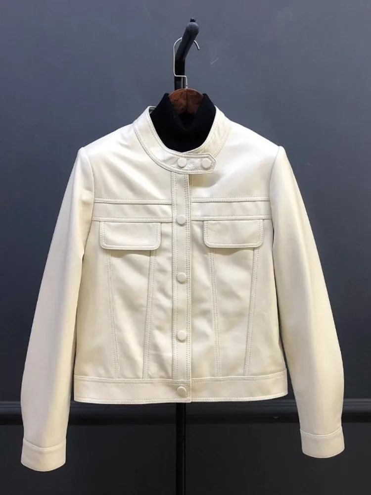 Stand Collar Women Genuine Leather Motorcycle Jacket Casual Solid Color Spring Autumn Long Sleeve Lady Real Sheepskin Short Coat