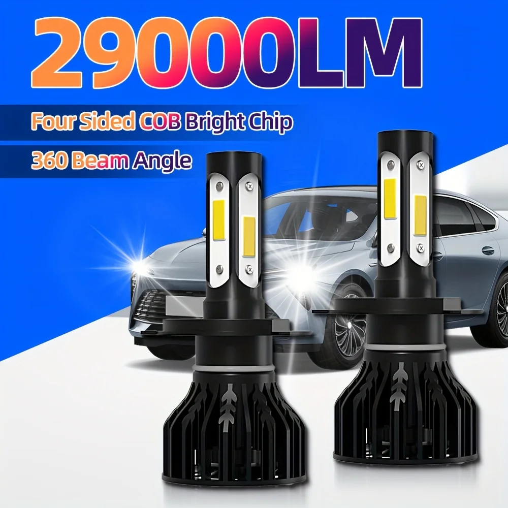 

roadsun 2pcs Upgraded Bright Lamps H7 Headlights 29000LM 6000K White 4-Sided COB Bright Chip Plug-N-Play