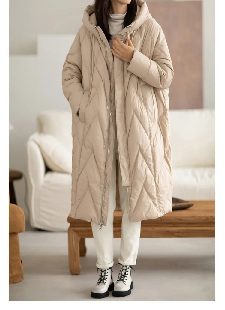 Schinteon Women 90% White Duck Down Long Jacket with Hood Casual Loose Over Size Winter Warm Outwear High Quality 2026 New