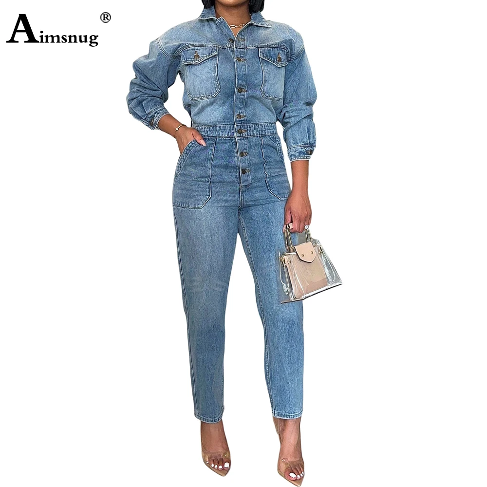 

Long Sleeve Women Fashion Stand Pocket Demin Jumpsuit Sexy Pencil Pants Blue Stretch Denim Bodysuit 2024 Slim Fit Jeans Overalls