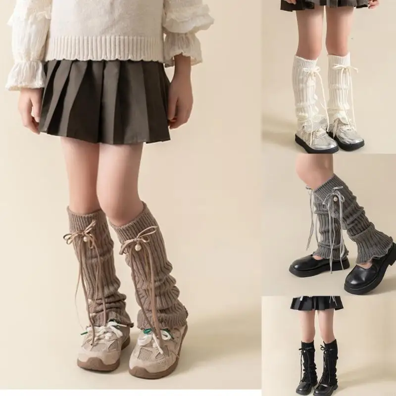 090B Fashionable Knitting Leg Warmer Stackable Socks Layered Under Knee Socks with Bells Decor for Girls 3-12T Years