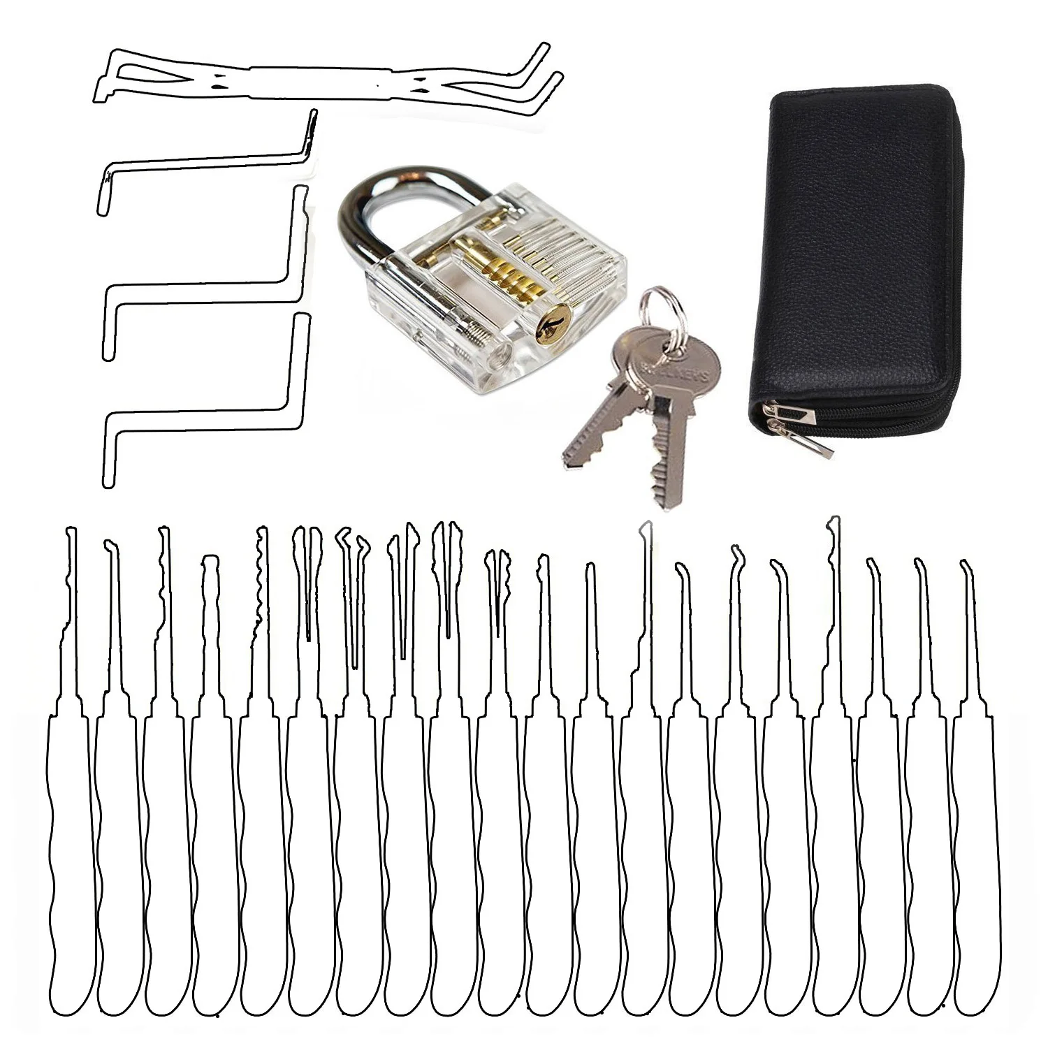 Locksmith Hand PickTools with Leather Bag,Titanium Plating Tools for Door Lock,Beginner Training Kit with Transparent Lock