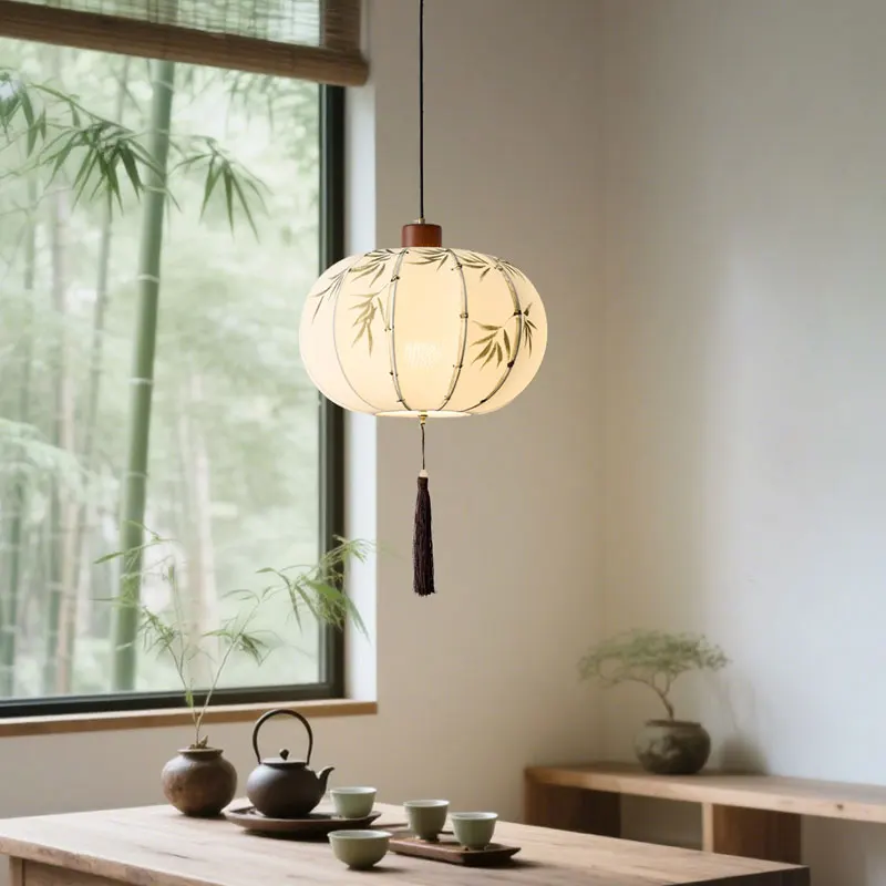 New Chinese Style Fabric Lantern Pendant Light Zen Hanging Lamp for Dining Room Tea Room Bedroom Homestay E27 Decor Lighting