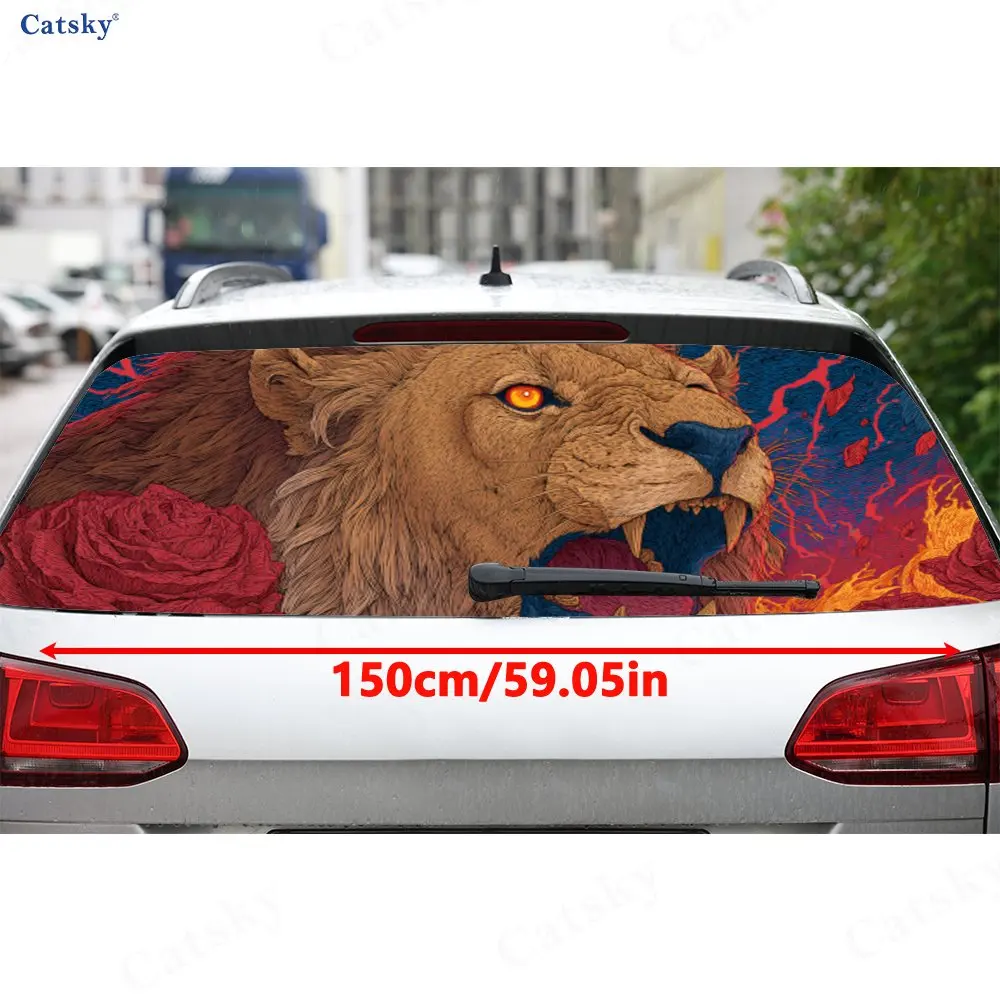 Flame Lion Dominant Power PVC Perforated Car Vinyl Wraps, Durable Car Rear Windshield Sticker, Waterproof Car Rear Window Decal,