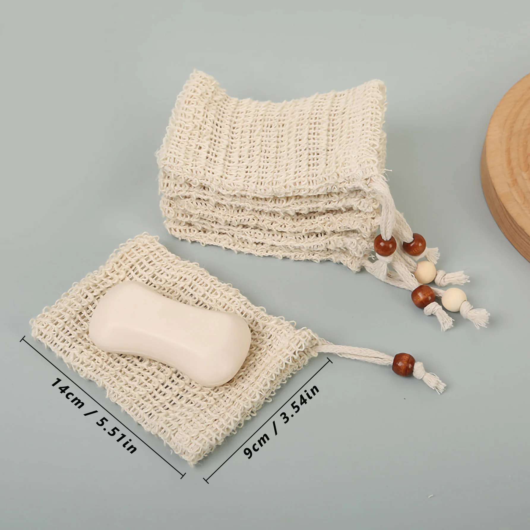حقيبة حفظ الصابون من القطن والكتان الطبيعي، قطعتان من الرغوة الغنية برباط خشبي لتقشير الصابون للتنظيف اللطيف