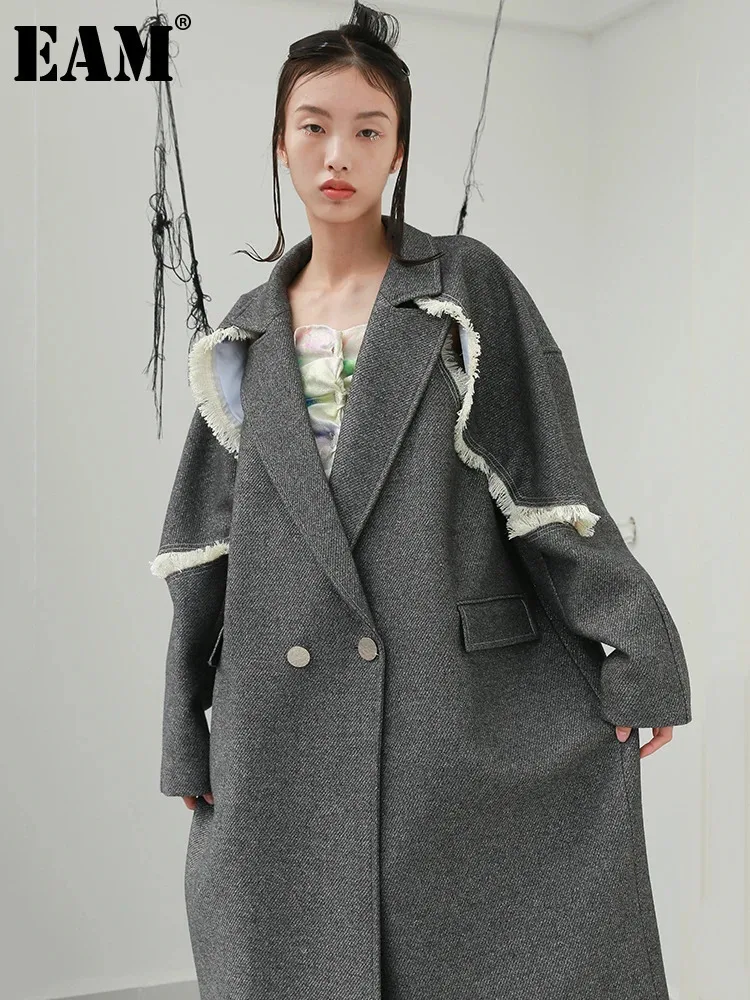 [EAM] Gray Burr Hollow Out Big Size Long Woolen Coat New Lapel Long Sleeve Women Jacket Fashion Tide Autumn Winter 2024 1DH7225