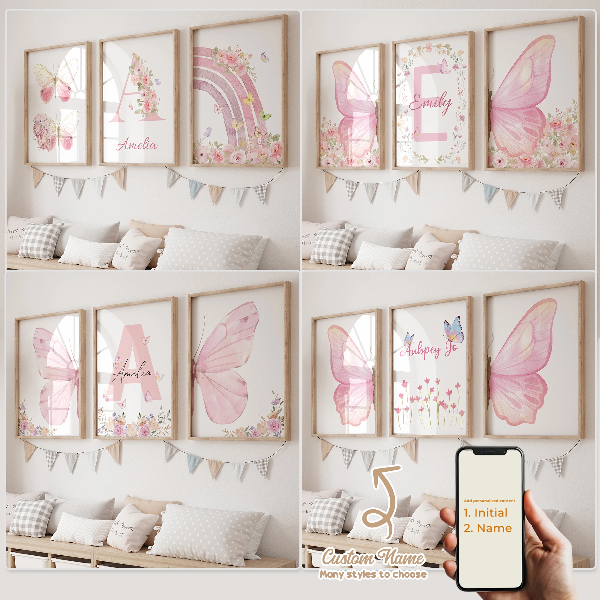 3pcs Personalized Custom Name Cartoon Child  Butterfly Wall Art Print Picture Canvas Poster Painting For Living Room Home Decor