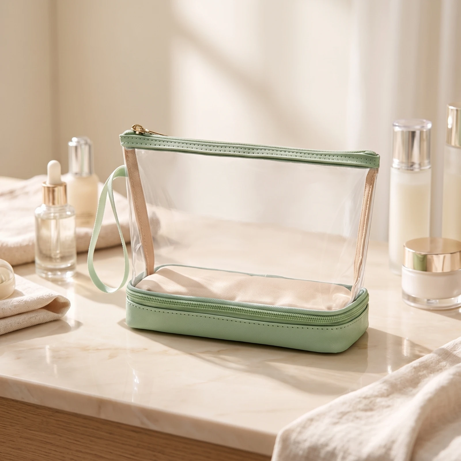 Makeup Bag with Double Layer Wipe-Clean Double Layer Makeup Organizer Clear Cosmetic Bag with Zipper Compact Roomy for Travelers