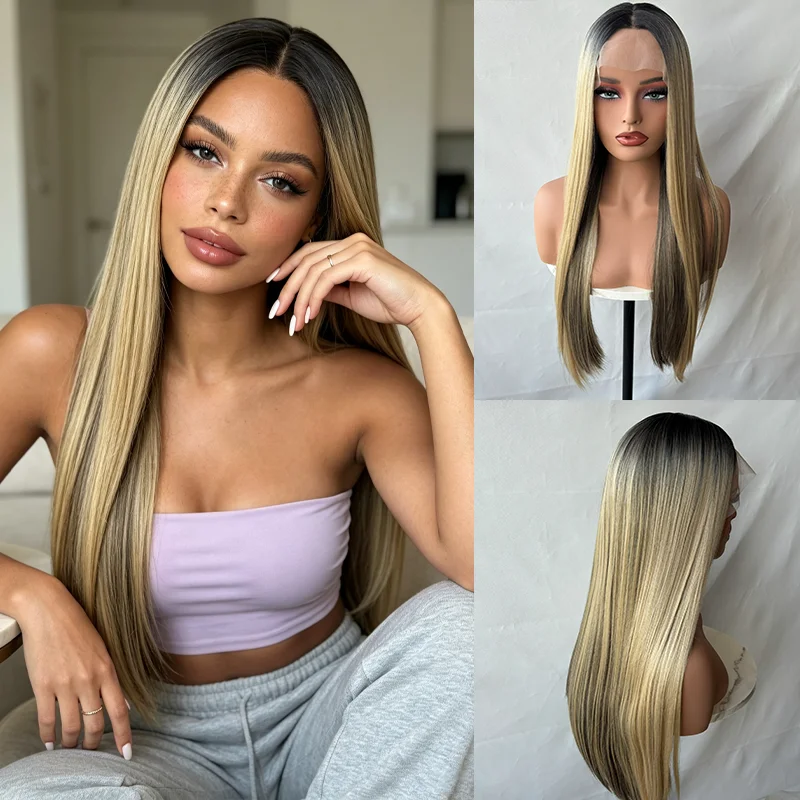 Black Brown With Blonde Highlights Synthetic Lace Front Wig Pre Plucked Natural Hairline Long Straight Balayage Caramel Brown