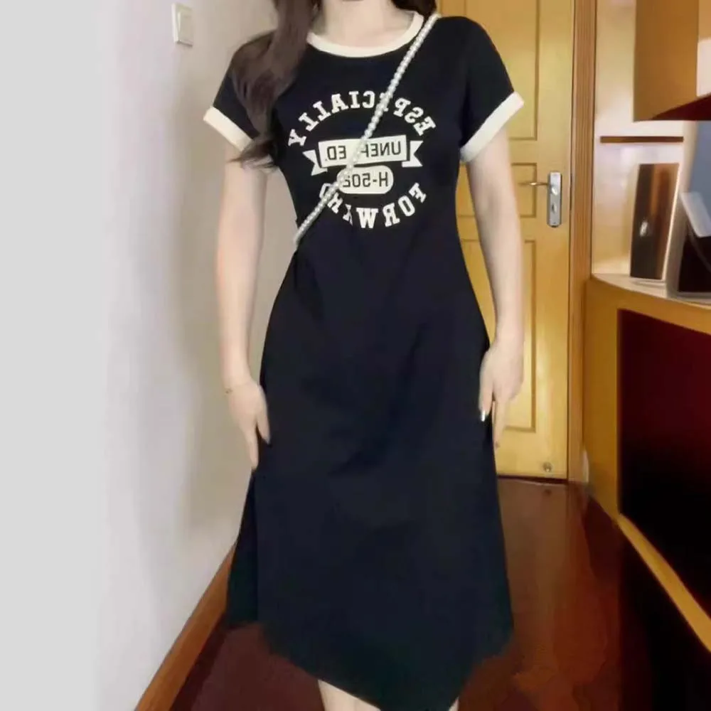 Autumn Back To School Loungewear Long Dress Korean Style Casual Black Short Sleeve Shirt Dress For College Student Girls Wear