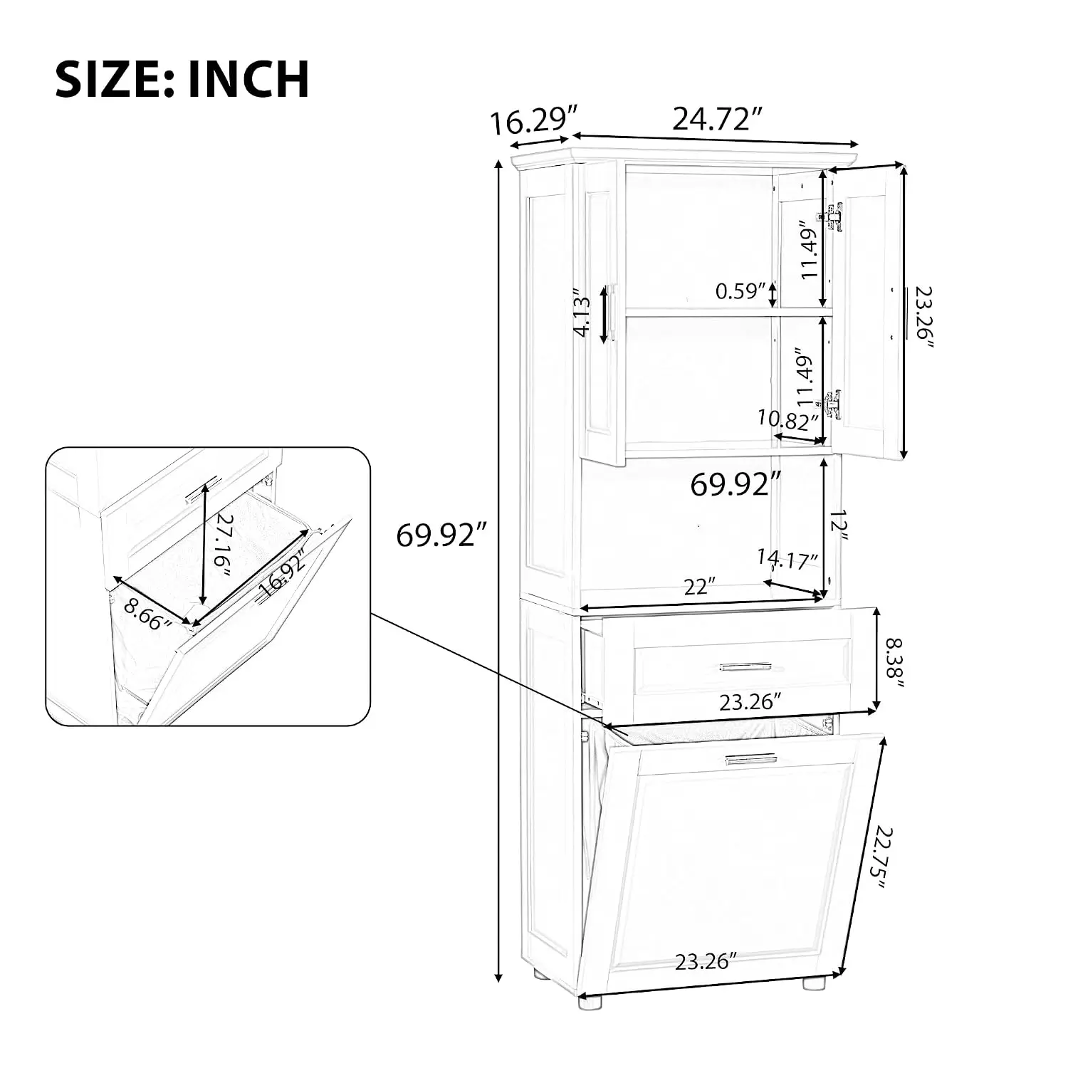 Tall Bathroom Cabinet with Laundry Basket, Freestanding Tilt-Out Hamper & Upper Storage, Large Space, Customized