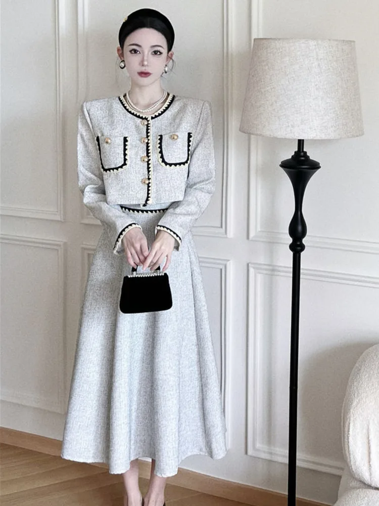 

Fall Winter French Vintage 2 Piece Set Small Fragrance Two Piece Set Women Puff Sleeve Shirt Crop Top + Pleated Long Skirt Suits