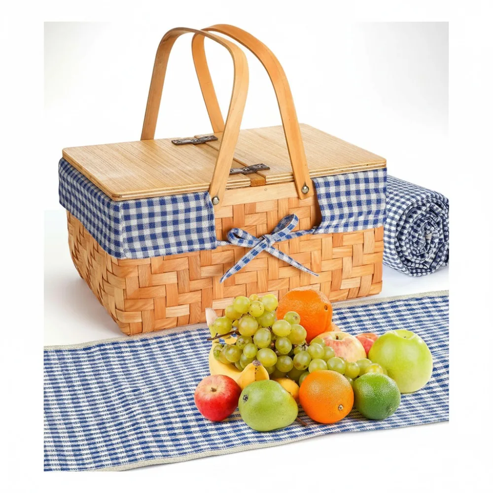 

Handwoven Picnic Basket Set with Waterproof Mat for Outdoor Camping Beach Travel Family Party