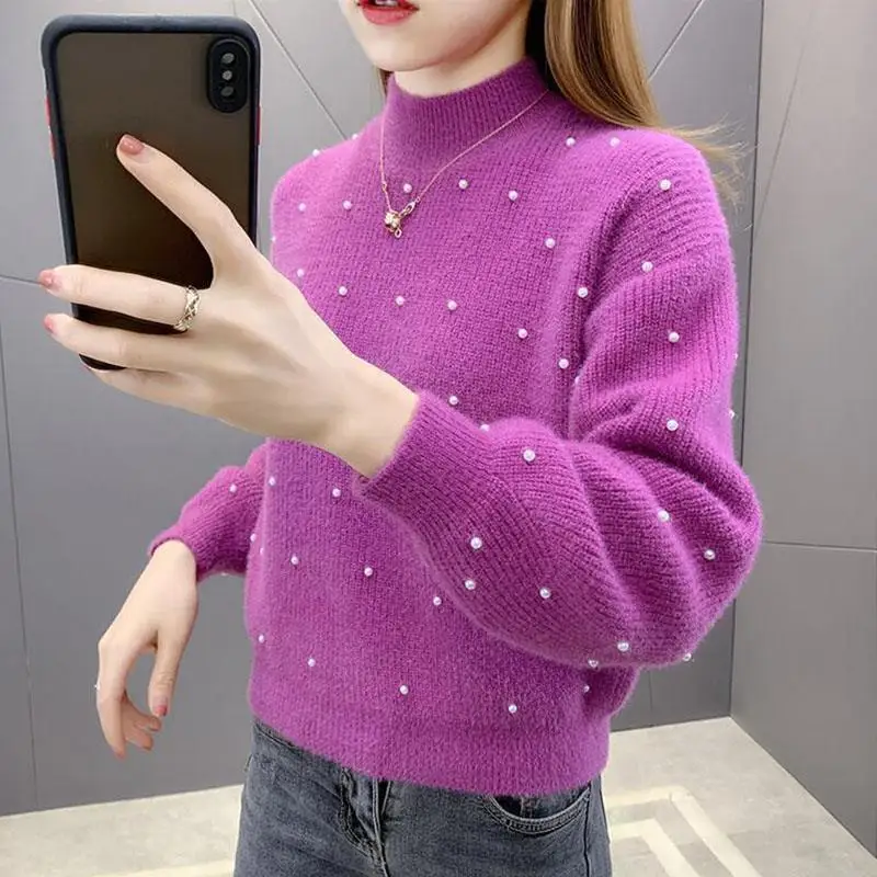 Autumn Winter Women\'s Solid Pullover Screw Thread Turtleneck Lantern Long Sleeve Flocking Sweater Knitted Undershirt Casual Tops