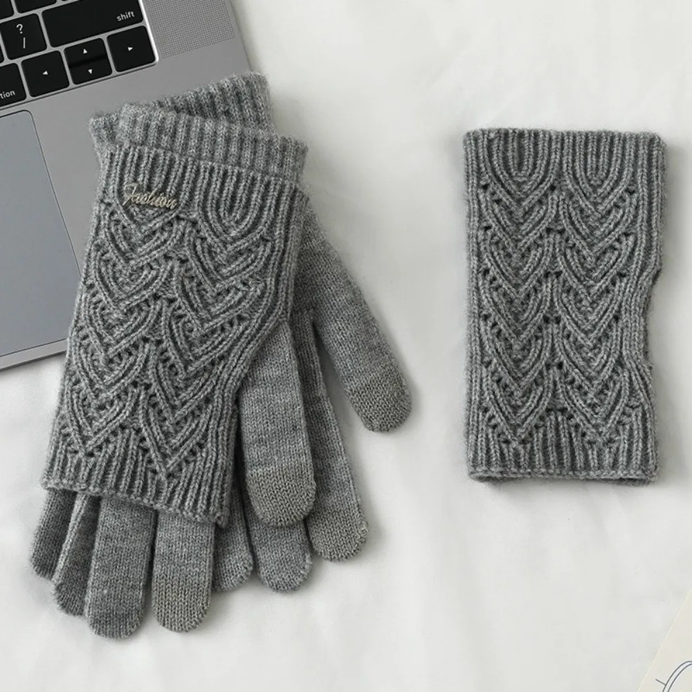 Riding Dual-purpose Knitted Gloves Keep Warm Solid Color Five-finger Mittens Thickened Cold-proof Cycling Gloves Autumn