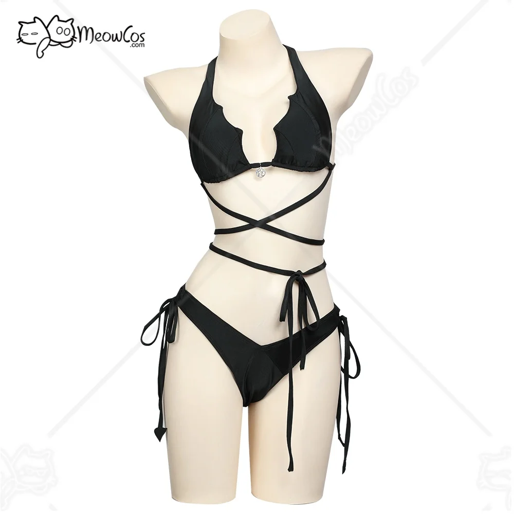 

Женский купальник в готическом стиле Meowcos, черный купальник из двух частей, топ на шнуровке с лямкой на шее и купальный костюм с низкой талией и треугольным низом
