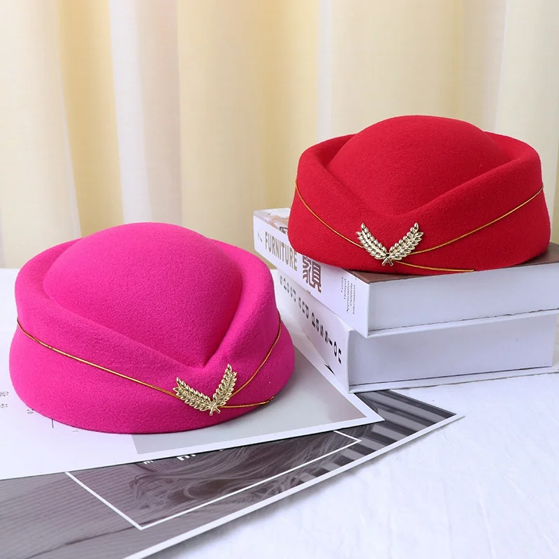 Topi Pramugari Pesta Liburan Wanita Warna solidna Topi Baret moda Musim Semi Musim Gugur Wol Topi Pertunjukan Panggung