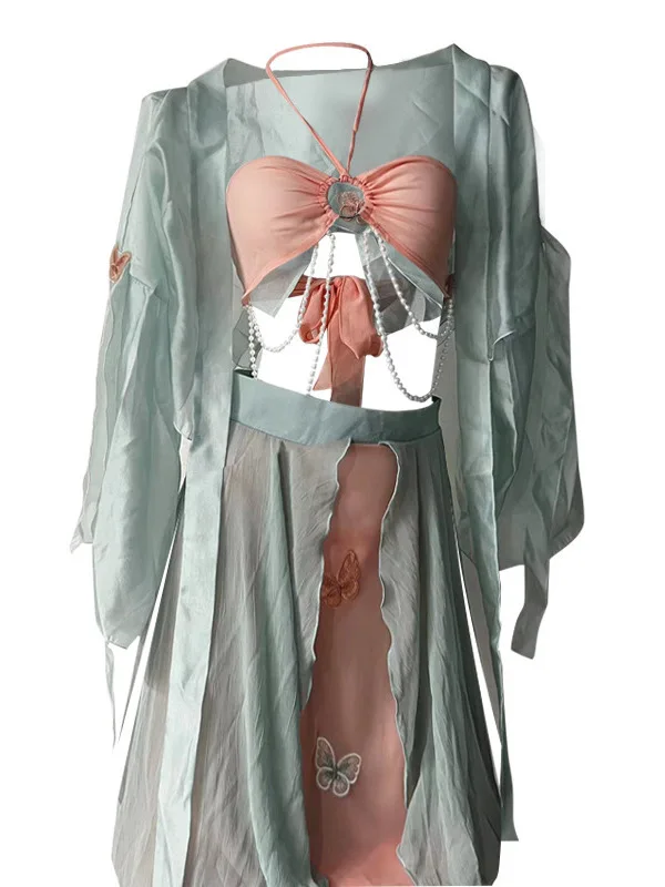 Retro Dress Chinese Robe Sheer Transparent Women's Sexy Ancient Style Hanfu Cheongsam Uniform Dress Elegant Sexy Women Tops F8PB