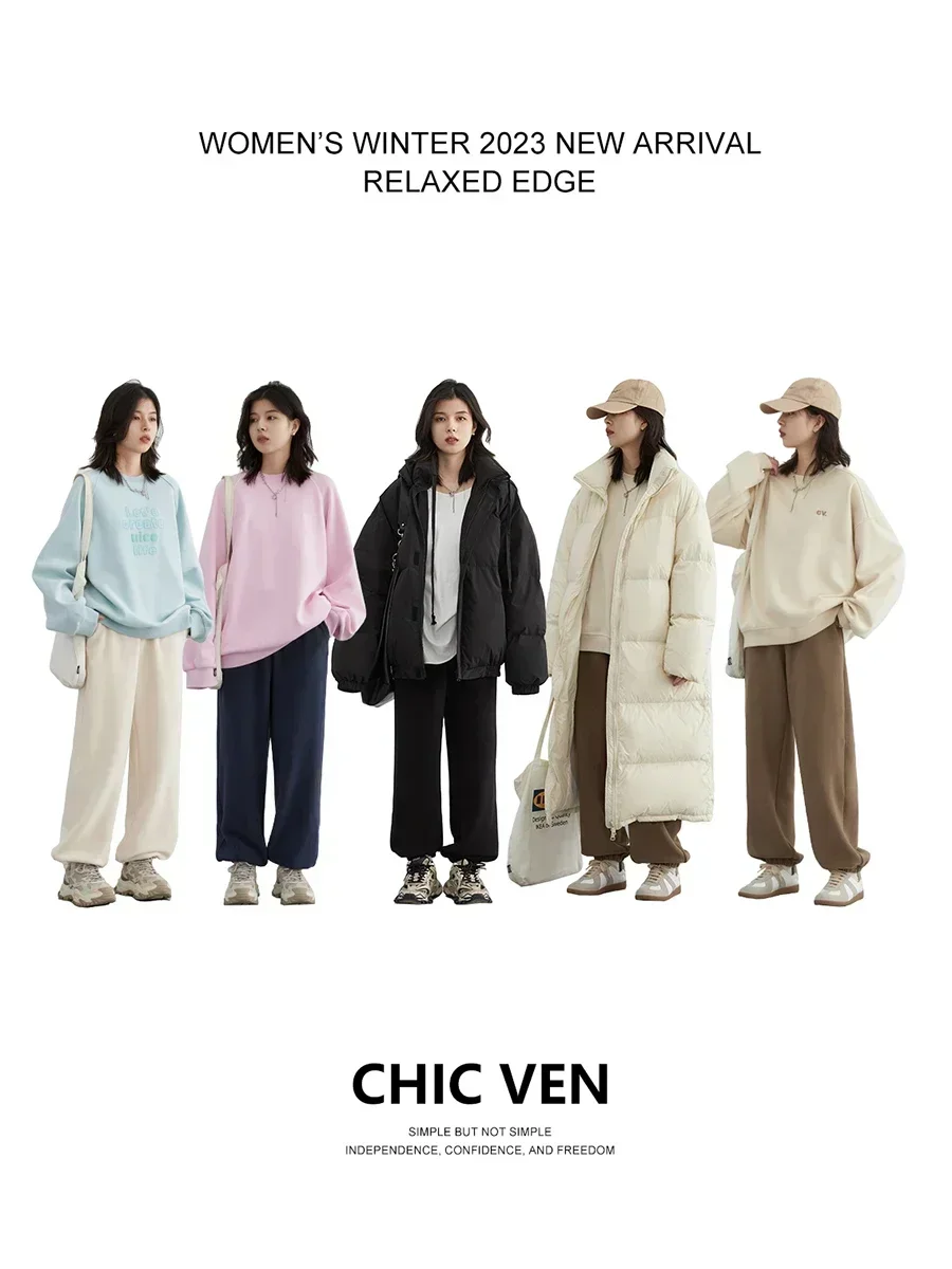 CHIC VEN Women's Pant Loose Casual New High Waist Fleece Pant Thick Plush Warm Female Sports Trousers Autumn Winter 2023