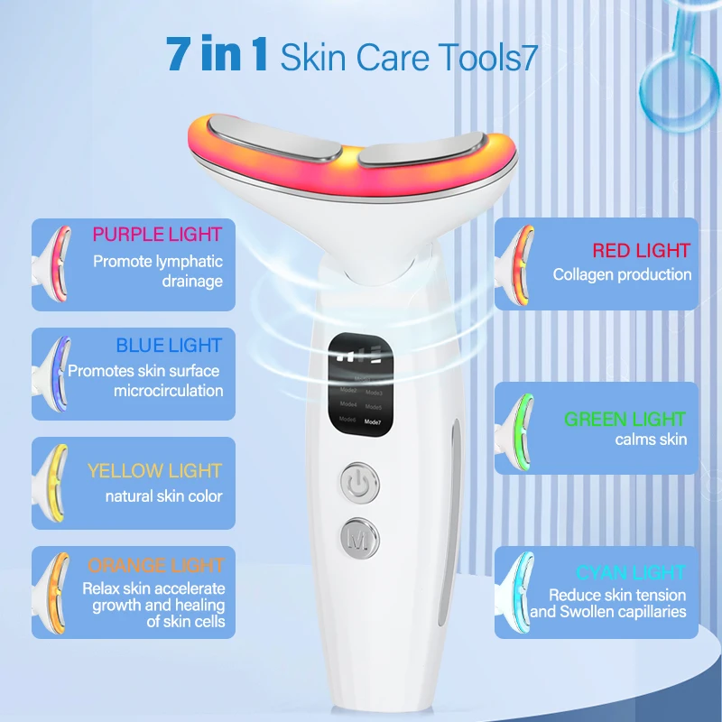 Urządzenie kosmetyczne EMS z mikroprądami do pielęgnacji szyi i twarzy, 7-kolorowy masażer do twarzy dla intensywniej pielęgnacji twarzy, szyi i ramion z funkcją wibracji.