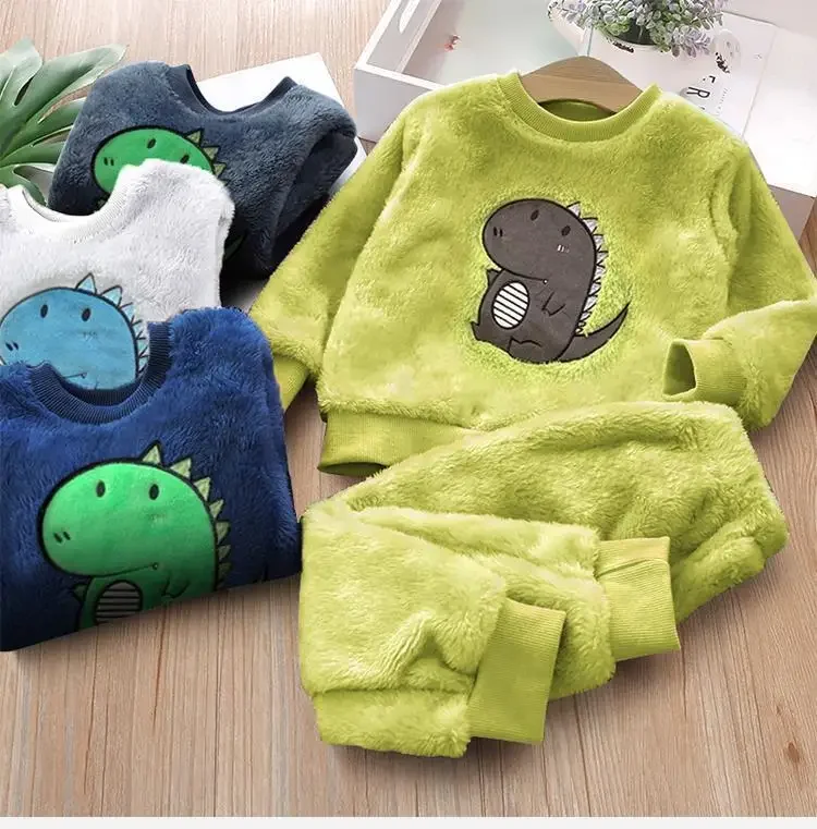 Children's Clothing Sets Dinosaur Print Flannel Pajamas Leisure Wear Baby Boy Toddler Girl Clothes Outfit Set 1 to 6 Years