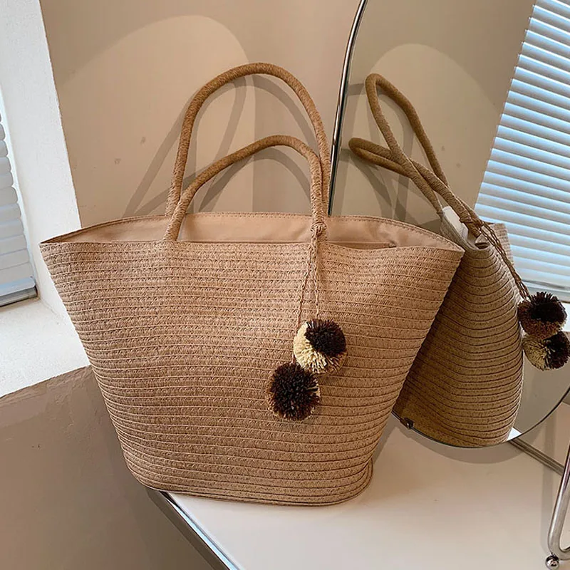 Large Capacity Straw Bag for Women Woven Handmade Handbags Lady Vacation Beach Tote Rattan Shoulder Purse with Fur Ball Pendant