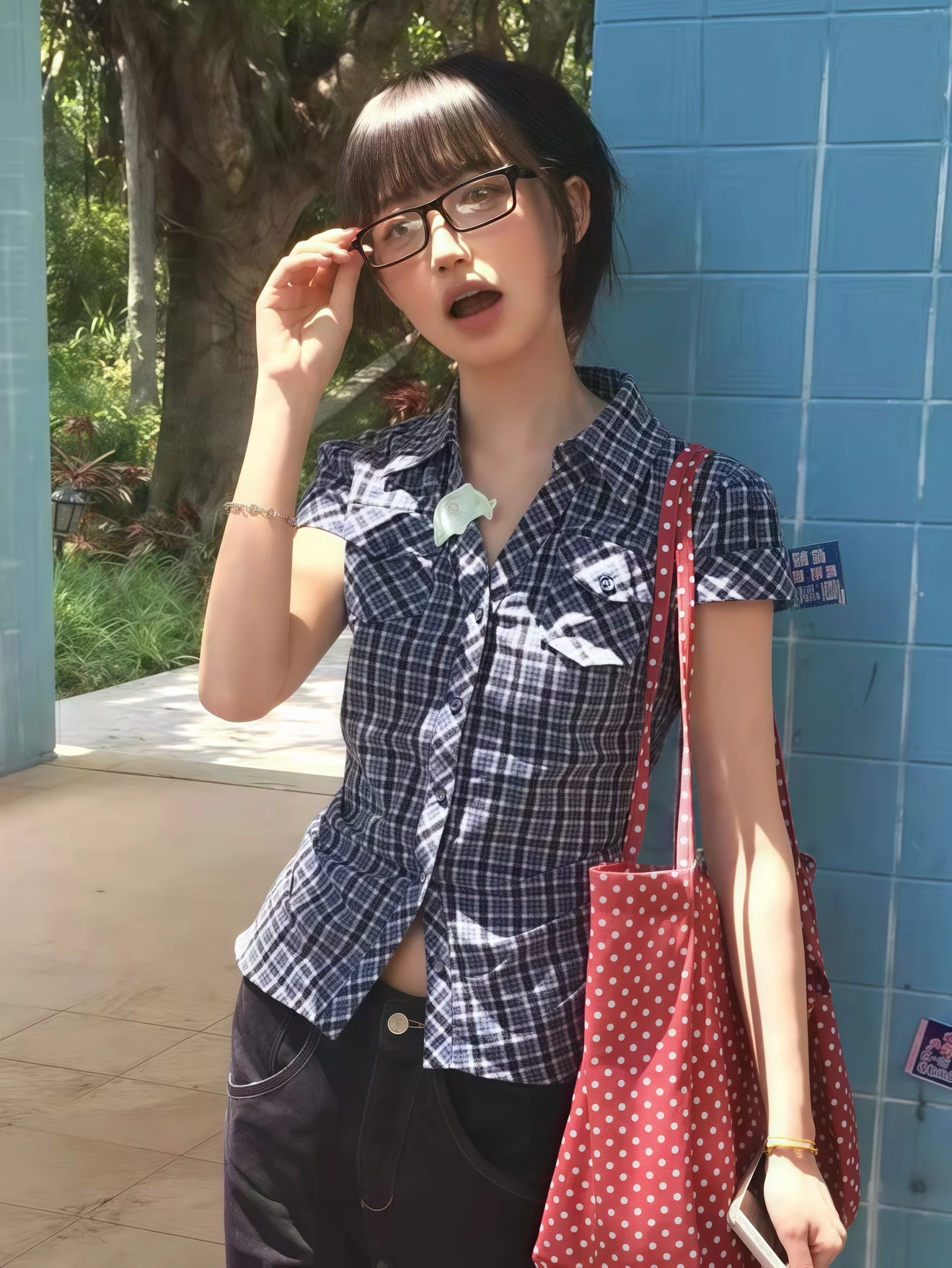 アメリカンレトロチェック柄ort Sve irt レディース Sle 夏新作ウエストシェイプスリムフィットort丈万能トップス