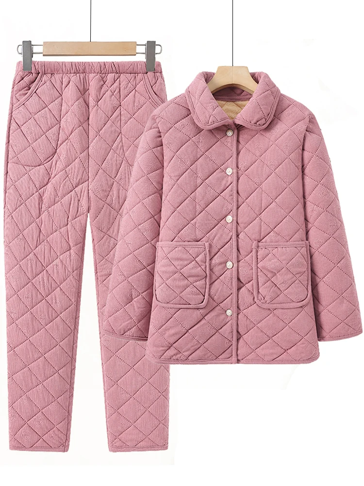 厚手のフリース暖かい綿素材のツーピースホームウェアセット、中高年女性向けカジュアルスタイル、標準袖丈