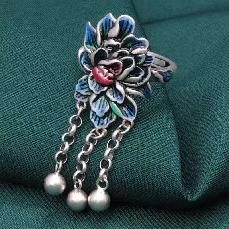 

Кольцо с эмалью в этническом стиле с лотосом, женское, модное, с кисточкой-колокольчиком, регулируемое, ювелирное украшение