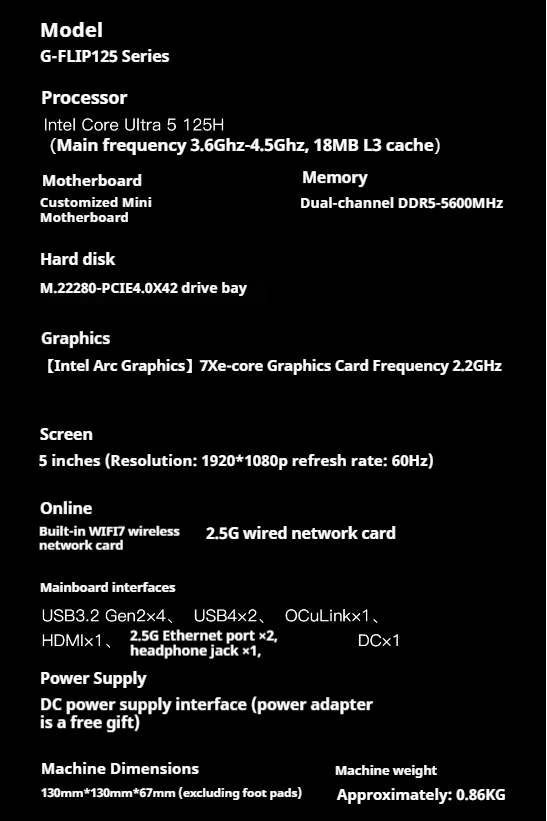 aoostar G-FLIP Intel Core 125H/155H mini console gaming office design computer desktop ultra silenzioso mini console ad alte prestazioni