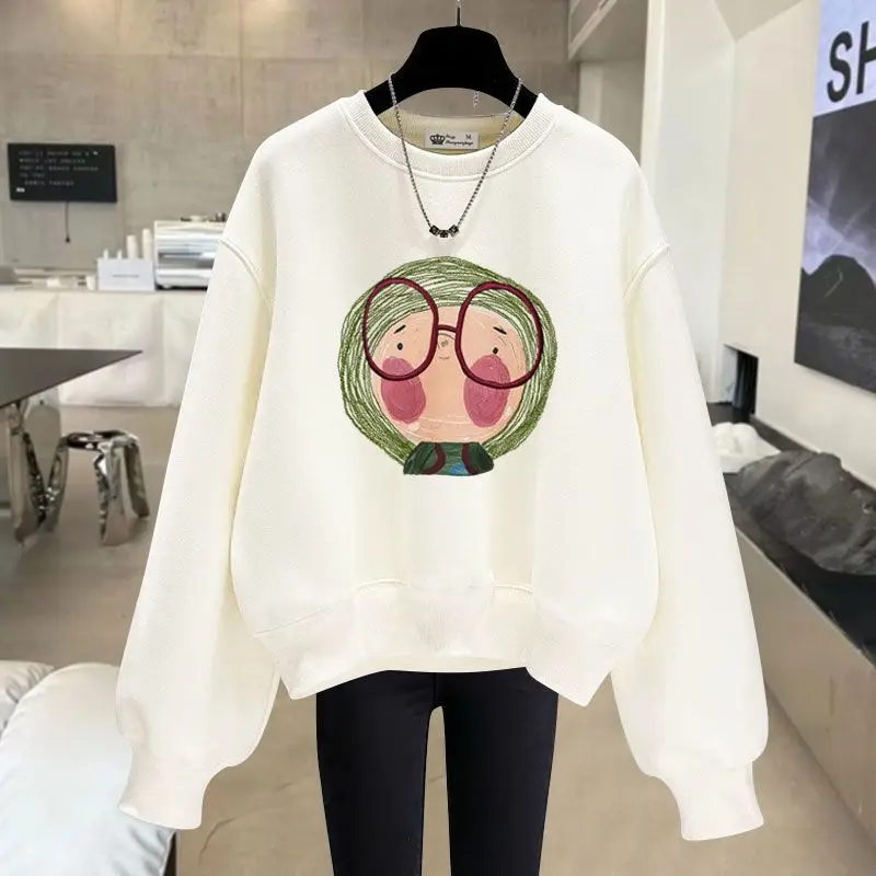 Women Clothing Fashion Cartoon Printed Hoodies Autumn Winter Vintage Pure Cotton Sweatshirts Loose Casual Pullovers