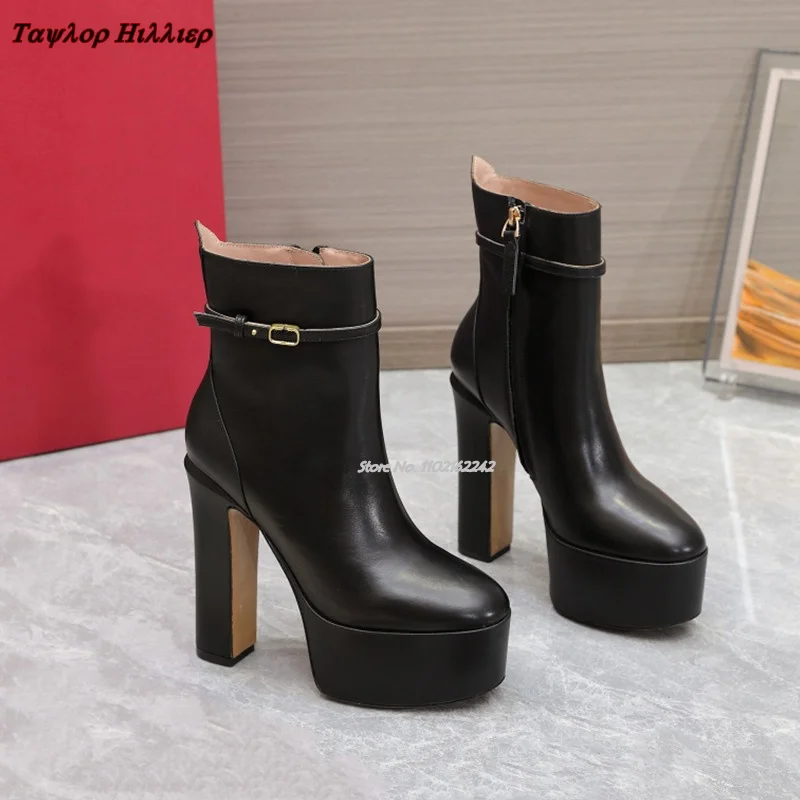 Autumn Waterproof Platform Nude Boots Luxury Round Toe Thick Heel Side Zipper Leather Fashion Designer Ankle Boots Women Winter