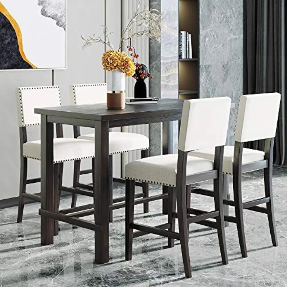 

Dining Table Set of 5 with 4 Padded Chairs with Nailhead Trim, Espresso + Beige, Wooden Counter Height Dining Table Set