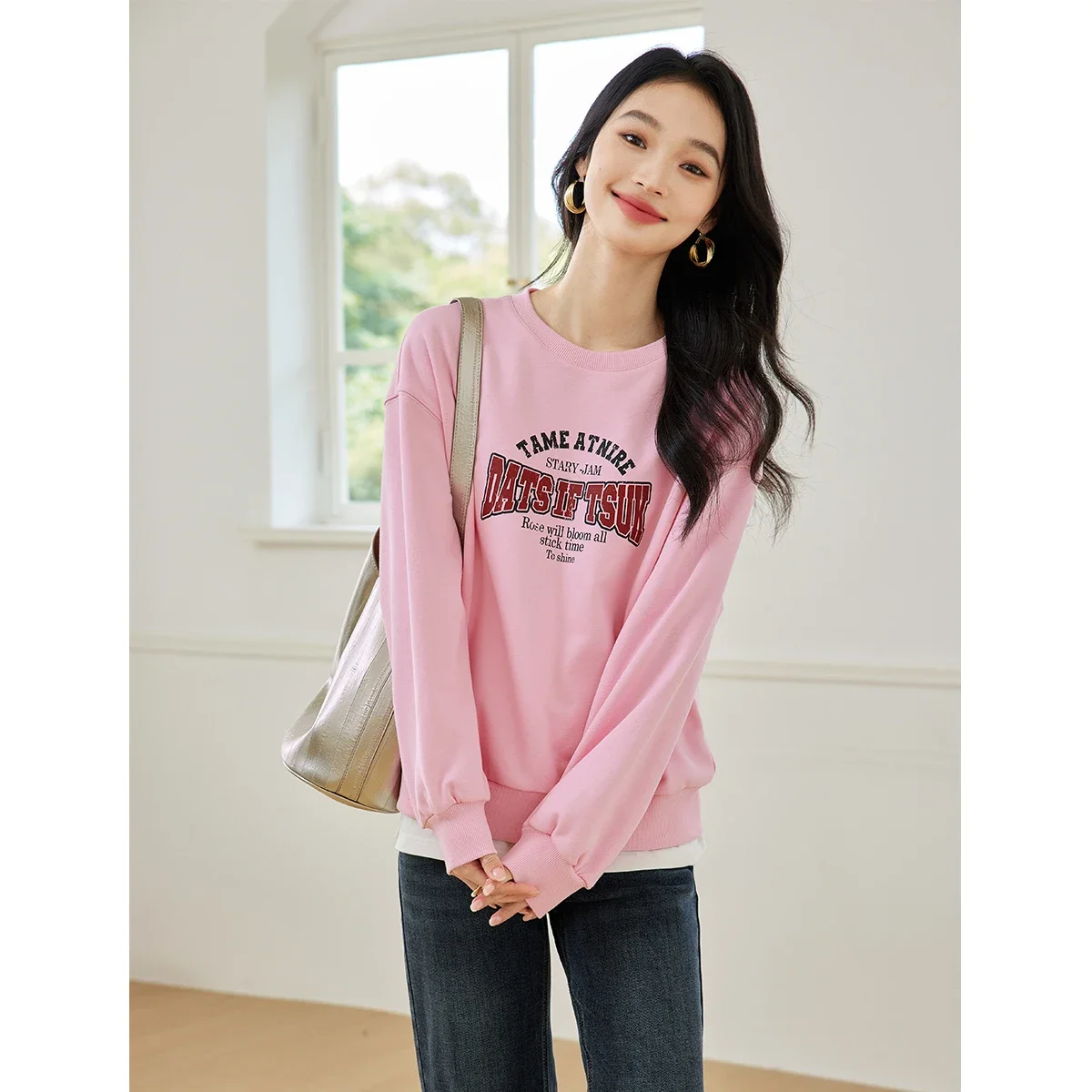 VIMLY Women's American Letter Printed Sweatshirt Hip Hop Streetwear Autumn Loose Casual Clothing Comfortable Pullover Sweatshirt