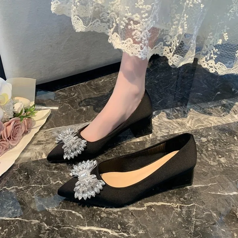 2026 Spring Autumn Black Suede Women's Shoes Pointed Toe Rhinestone Bow Buckle Strap Wedges Heels 3cm Shallow Mouth Ladies Shoes view 4