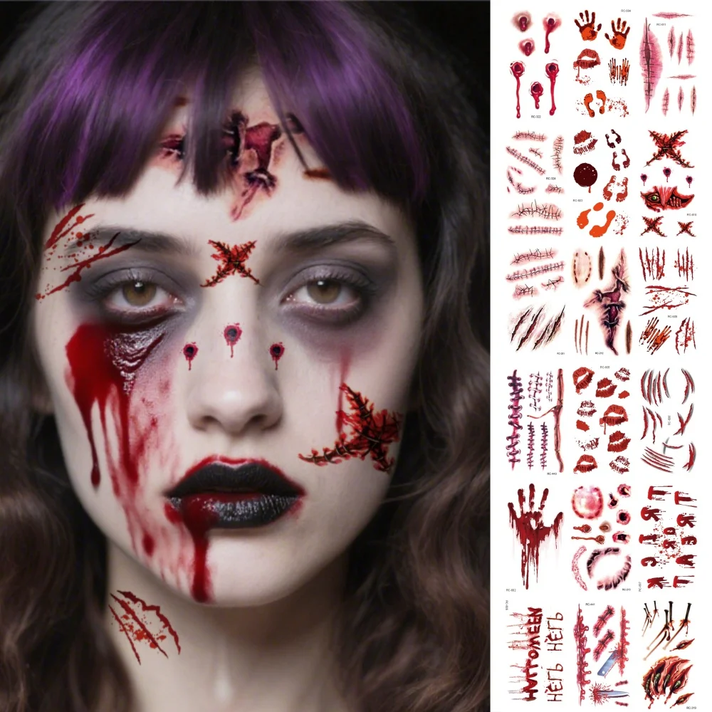 18 ورقة محاكاة المؤقتة وهمية الجرح الدموي ملصق واقعية الإرهاب الجرح هالوين حزب الوشم المؤقت