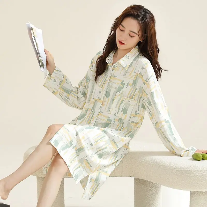 Long-Sleeved Nightdress 2024 New Women's Mid-Length Loose Large Size Pajamas Spring Autumn Female Thin Casual Cardigan Sleepwear