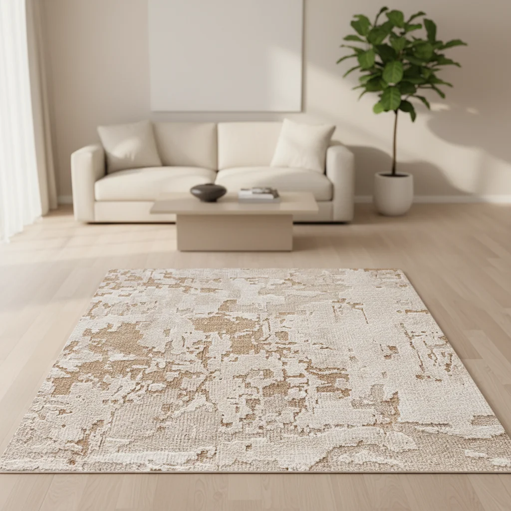 ！@Sand/Camel Color Modern Abstract Wool and Viscose Carpet Hand Sheared Texture Neutral Tone Living Room Rug