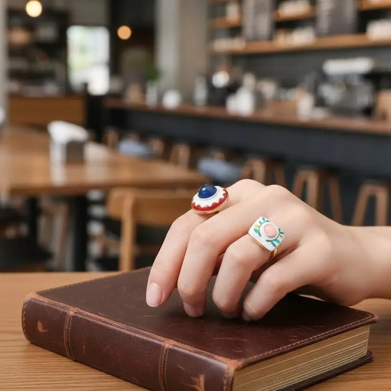 Retro Geometric Heart Rings Non-fading Drip Oil Round Shape Trendy Jewelry for Women Men Party Accessories