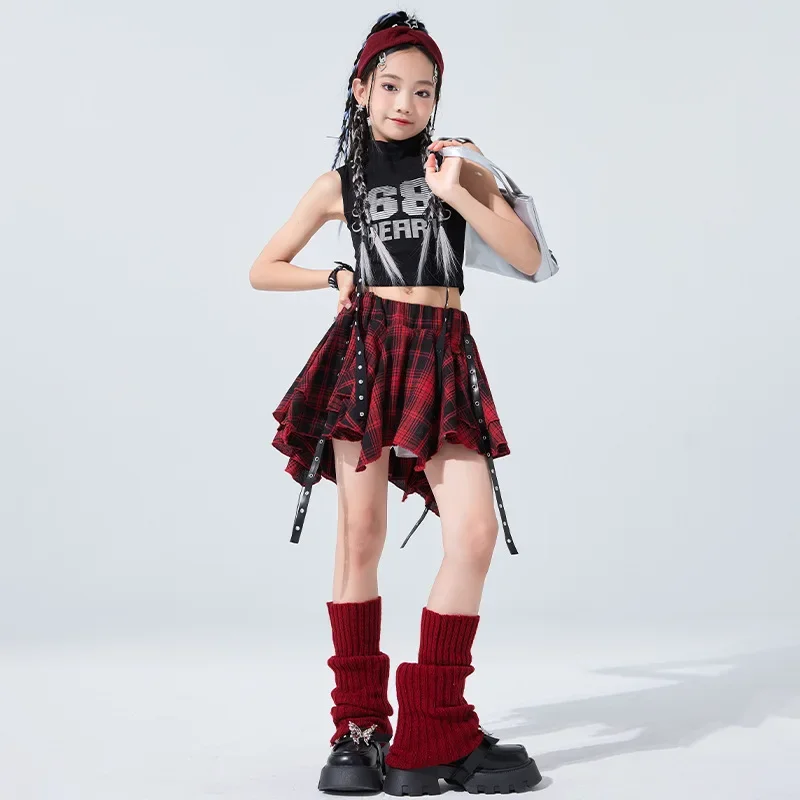 Girls Jazz Dance Clothes Black Vest Red Plaid Skirt Kids Hip Hop Suit Kids Cheerleading Performance Outfits Kpop Stage Costumes