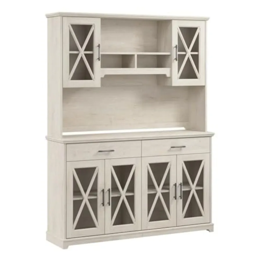 

Буфет-сервант Bush Furniture Lennox 60W в стиле фермерского дома с надстройкой, цвет льняной белый дуб, для столовой или гостиной