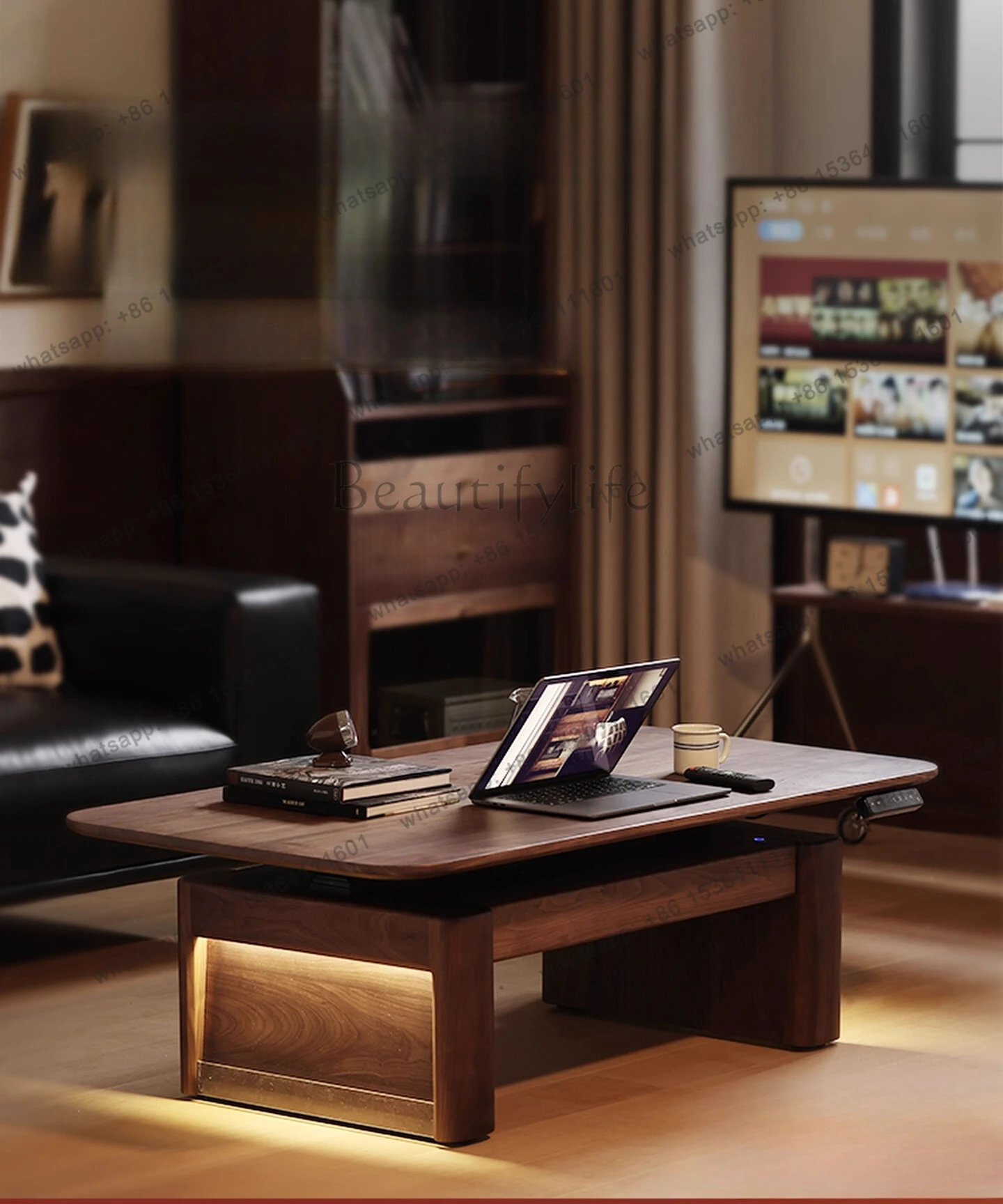 

North American black walnut electric lifting tea table multi-functional office computer desk