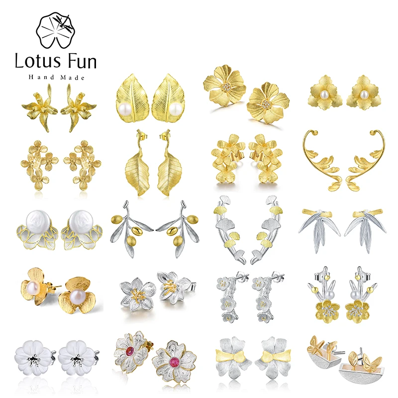 Lotus Fun 18K Gold Iris Flower Leaf Clover Stud Earrings for Women Gift Real 925 Sterling Silver Dropship Wholesale Fine Jewelry