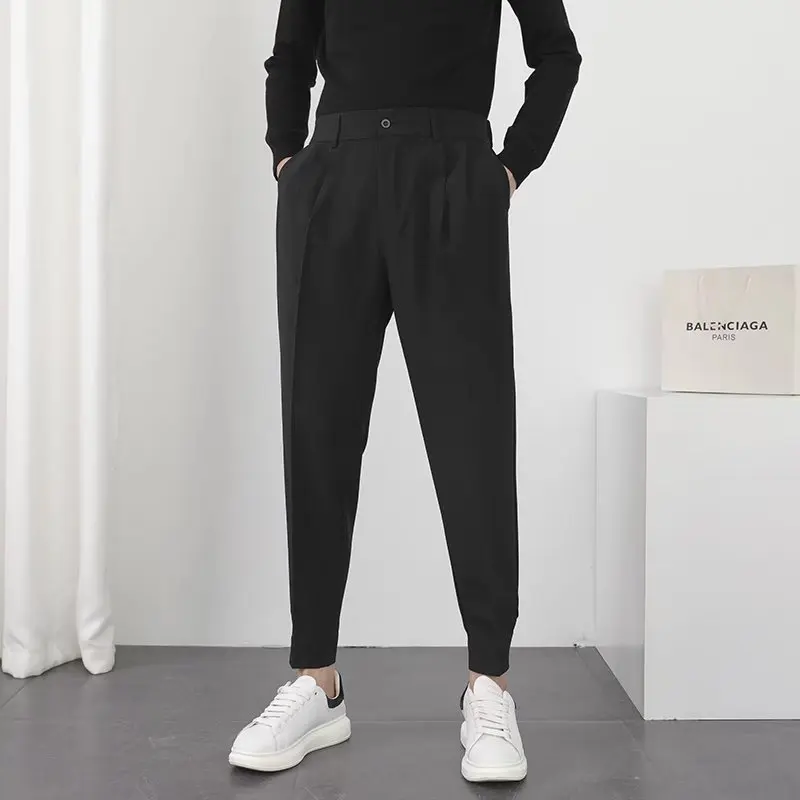 Fashion Men Casual Pant Elastic Waist Small Feet Slim Korean Style Pleated Tapered Male Blazer Pants Trousers Streetwear