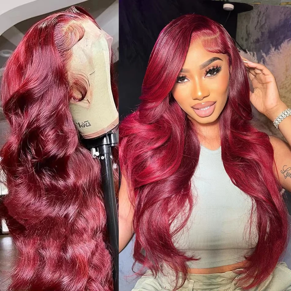 

250 Density 99j Burgundy Body Wave Hd Lace Front Wig 13x6 100%human Hair 30 40 Inch 13x4 Lace Frontal Wigs Wine Red Colored Wig