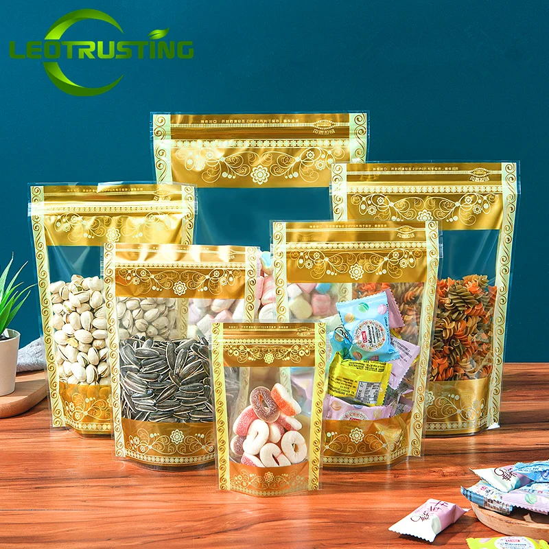 100PCS Stand up Plastic Gold Ziplock Clear Window Storage Bag Resealable Coffee Snack Biscuit Candy Bakery Packaging Pouches