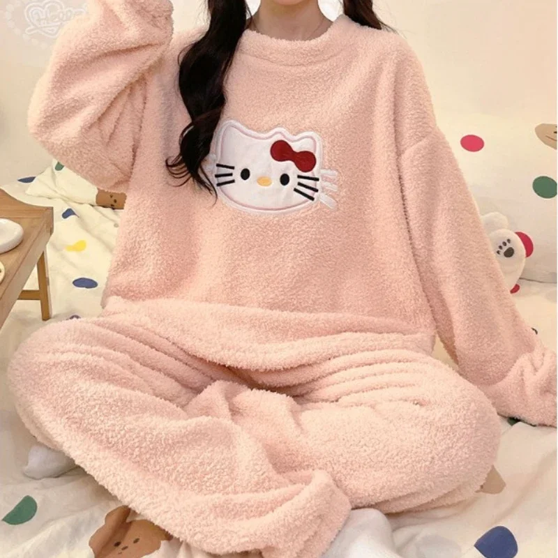 

New Kawaii Sanrio Hello Kitty Anime Ladies Pajamas Loose Casual Long-sleeved Pants Two-piece Set Fall Winter Warm Plush Homewear