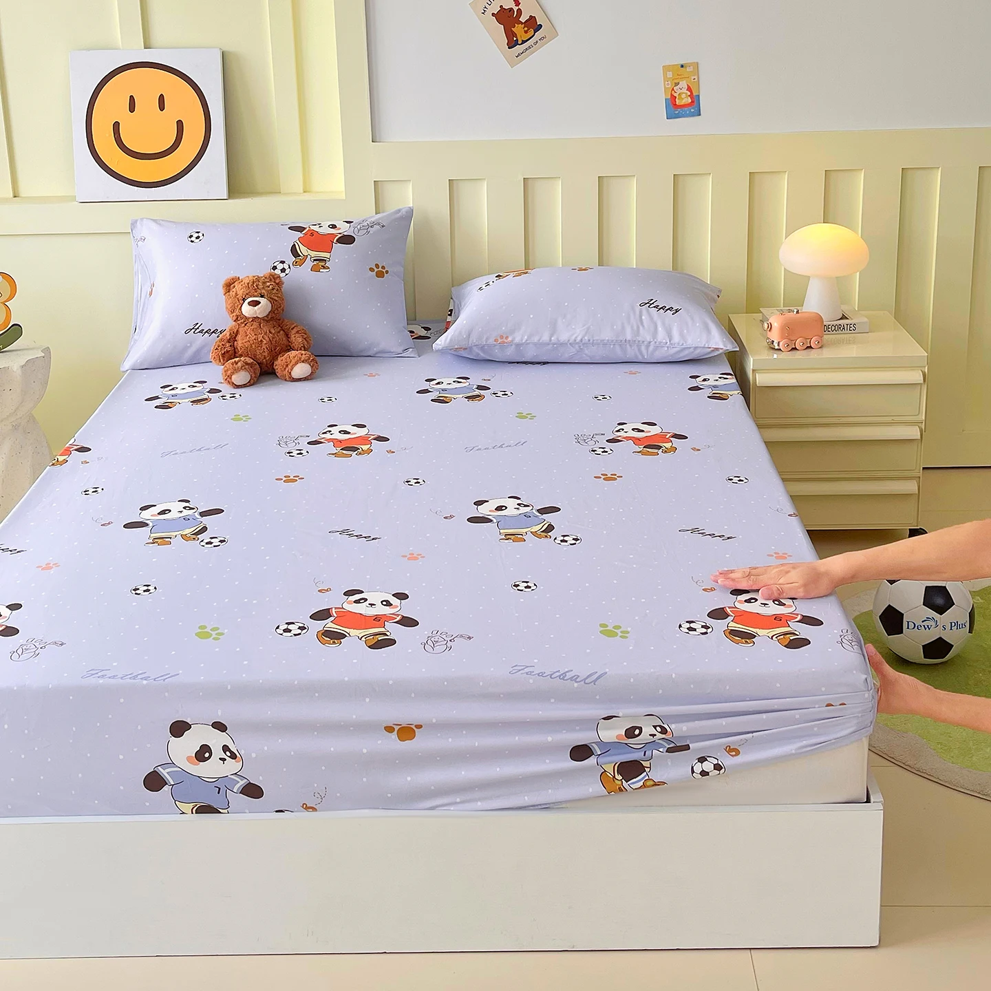 100%Cotton Fitted Bed Sheet Panda Football Printed Bed Sheet with Elastic Pure Cotton Single/Queen/King Size  sabana para cama