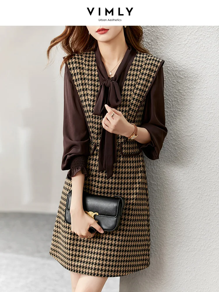 Vimly Elegant Two Piece Tweed Dress Sets for Women 2023 Autumn Winter Fashion Office Outfits Long Sleeve Chiffon Shirt Dress