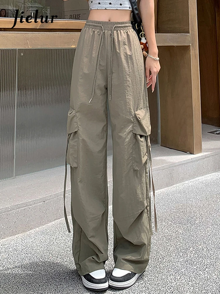 

Jielur Grey American Casual Summer Straight Pants Drawstring High Waist Slim Fashion Female Cargo Pants Loose Women's Trousers
